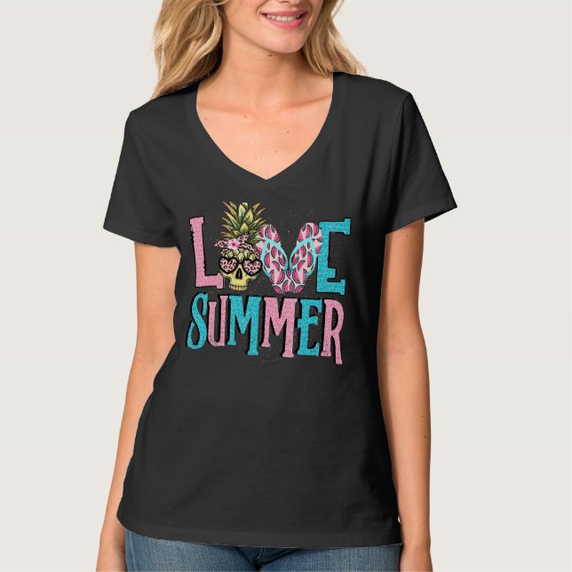 Camiseta Love Summer Pineapple Skull Watermelon Summer Fru (Anverso)