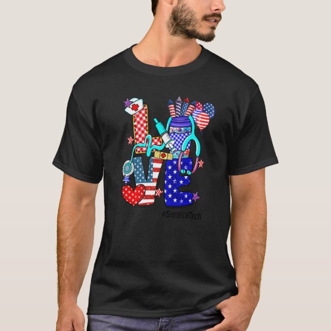 Camiseta Love Surgical Tech Stethoscope Fireworks Bandera D (Anverso)