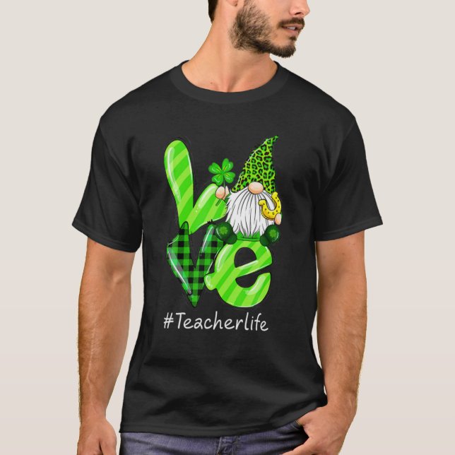 Camiseta LOVE Teacher Life Gnome Leopard Plaid St Patrick (Anverso)