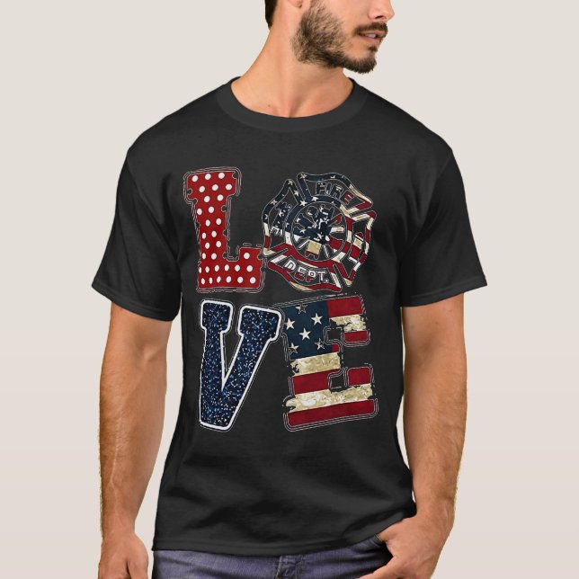 Camiseta Love USA Firefirighter Bandera Americana 4 de Juli (Anverso)