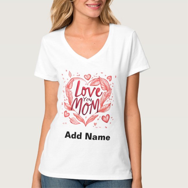 Camiseta Love You Mom Red Heart & Feathers - Customizable  (Anverso)