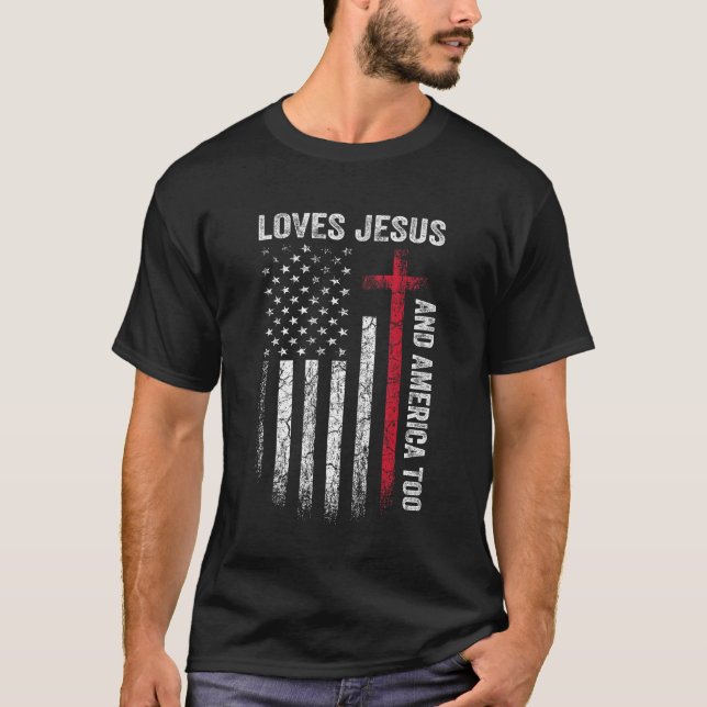 Camiseta Loves Jesus And America Too US Flag Patriotic Chri (Anverso)