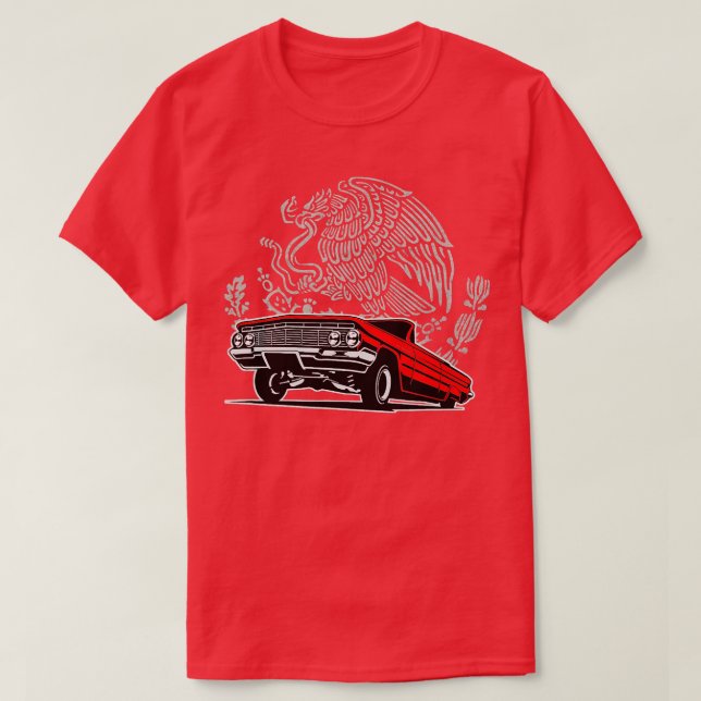 Camiseta Lowrider rojo de Apple 64 OG Águila mexicana Cholo (Diseño del anverso)