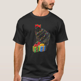 Camiseta Luces de árbol de Navidad con gato negro y regalos