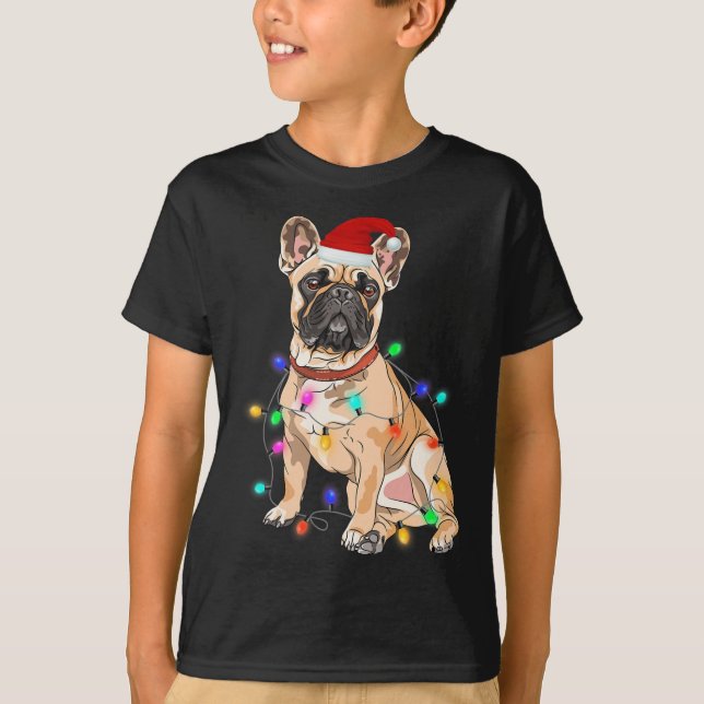 Camiseta Luces de árbol de navidad de perro de Bulldog fran (Anverso)