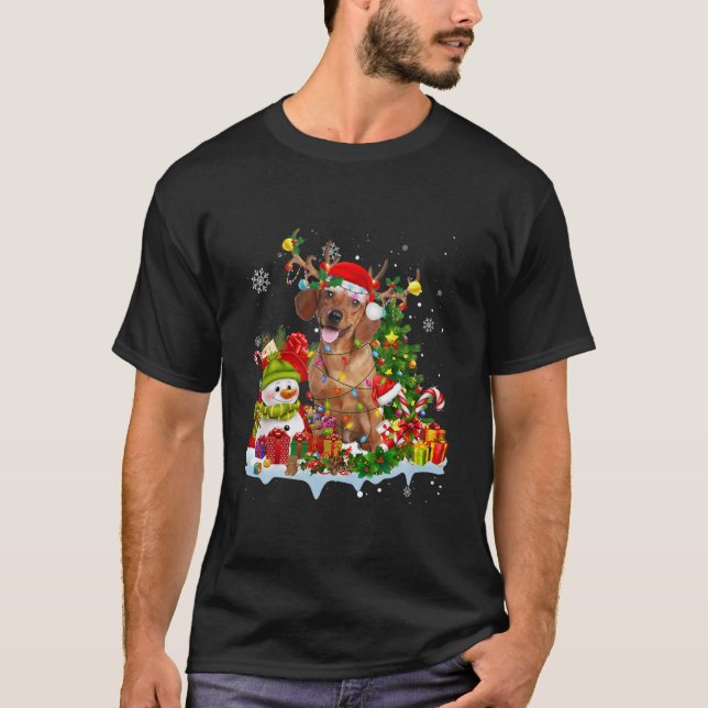 Camiseta Luces de los Navidades de renos de Dachshund Santa (Anverso)