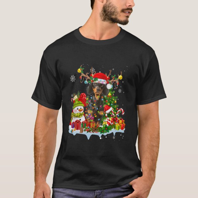Camiseta Luces de los Navidades de renos de Dachshund Santa (Anverso)