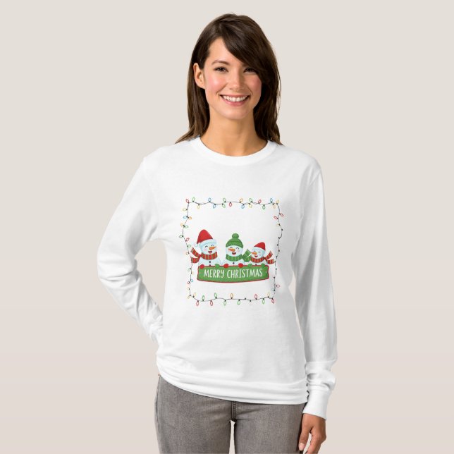 Camiseta Luces de muñecos de nieve navideños lindos (Anverso completo)