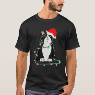 Camiseta Luces de Navidad de Gato Esmoquin Gato Gorro de Na