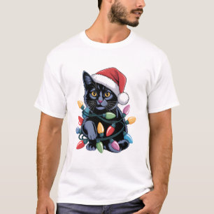 Camiseta Luces de Navidad de Gato Negro Amante de Gatos Div
