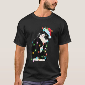 Camiseta Luces de Navidad de Gato Negro Gorro de Santa Dive