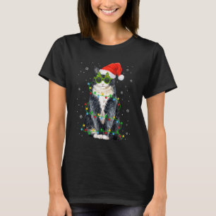 Camiseta Luces de Navidad de Gato Negro Gorro de Santa Navi
