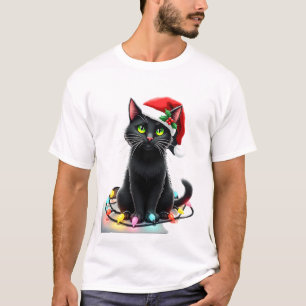 Camiseta Luces de Navidad de Gato Negro Sombrero de Santa N