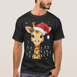 Camiseta Luces de Navidad de Jirafa Lindo Sombrero de Santa