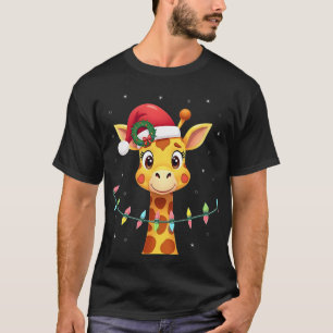 Camiseta Luces de Navidad de Jirafa Lindo Sombrero de Santa