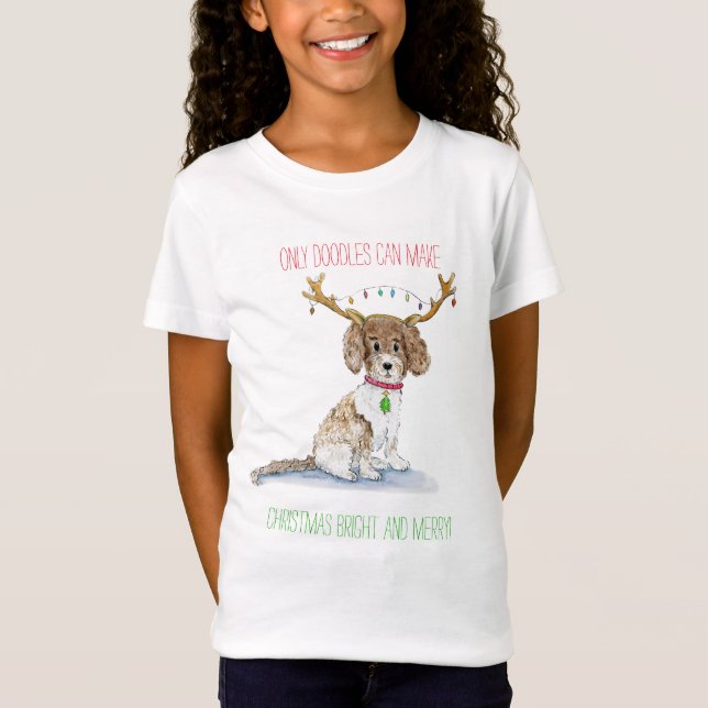 Camiseta Luces de Navidad de Labradoodle con Acuarela y Cue (Anverso)