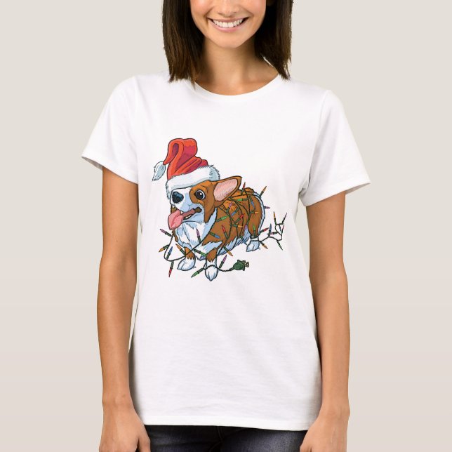Camiseta Luces de Navidad del navidad del perrito del Corgi (Anverso)