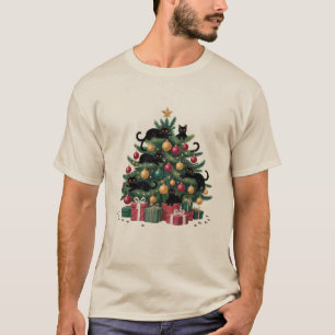 Camiseta Luces de Navidad para Amantes de Gatos Negros en Á