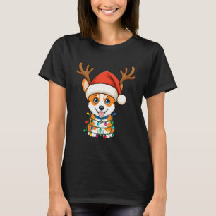 Camiseta Luces de Navidad Reno Corgi Sombrero Santa Navidad