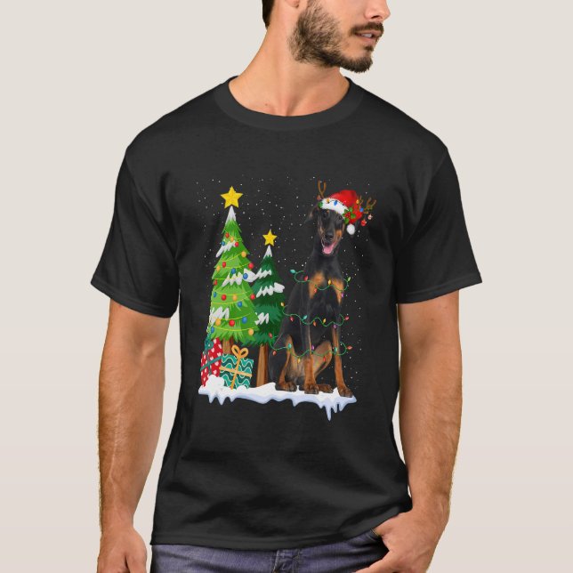 Camiseta Luces de Navidades de renos Doberman Dog Santa Hat (Anverso)