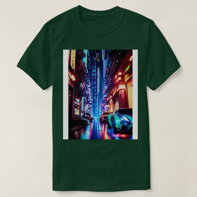 Camiseta luces de neón con coches futuristas (Diseño del anverso)