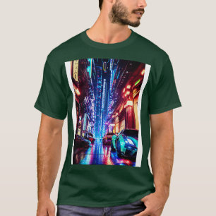 Camiseta luces de neón con coches futuristas