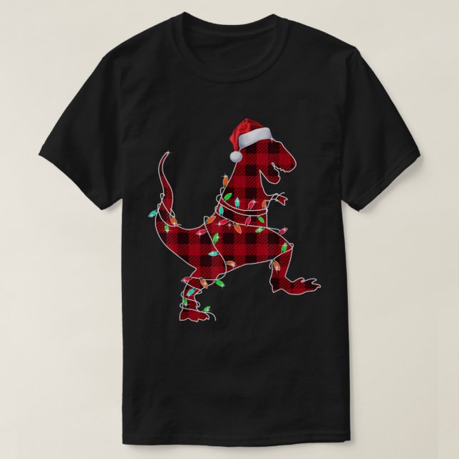 Camiseta Luces de T-Rex de Navidad a cuadros (Diseño del anverso)