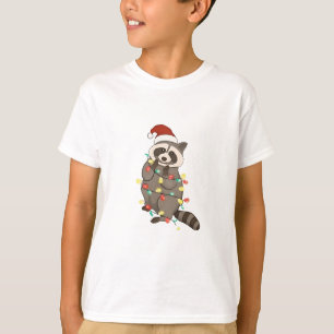 Camiseta Luces Navideñas de Mapache Feliz Sombrero de Santa