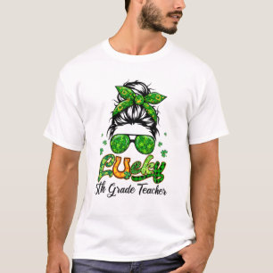 Camiseta Lucky 5 Grado Maestra Patricks Day Bun Hair Plai