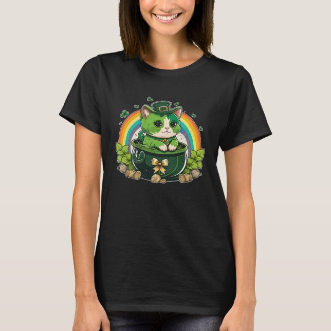Camiseta Lucky Cat and Pot Rainbow Shamrock St Patrick s Da (Anverso)