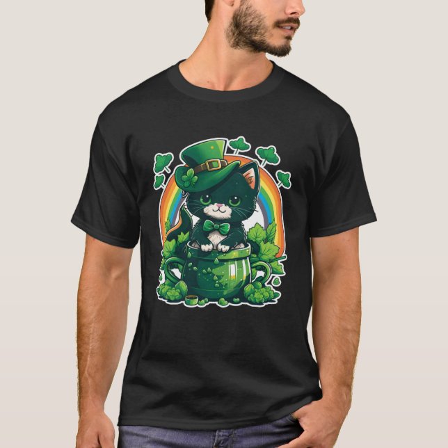 Camiseta Lucky Cat and Pot Rainbow Shamrock St Patrick s Da (Anverso)