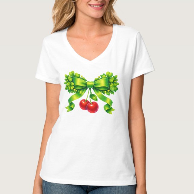 Camiseta Lucky Clover Bow with Cherries Green Design (Anverso)