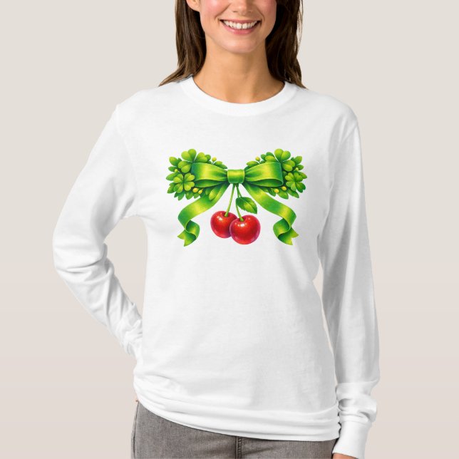 Camiseta Lucky Clover Bow with Cherries Green Design (Anverso)