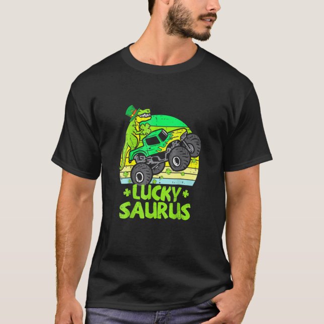 Camiseta Lucky Dinosaur Monster Truck T Rex Shamrock St Pat (Anverso)