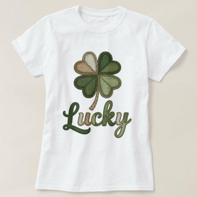 Camiseta Lucky Four Leaf Clover Faux Patchwork T-Shirt (Diseño del anverso)