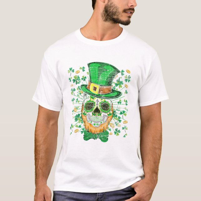 Camiseta Lucky Four Leaf Shamrock Clover Skull Irish St Pat (Anverso)