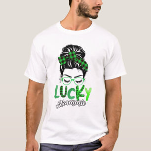 Camiseta Lucky Grammie Leopard Plaid Messy Bun Irish St Pat