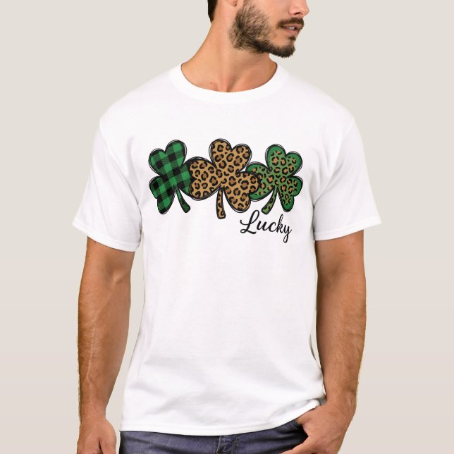 Camiseta Lucky Leopard Plaid Shamrock St Patricks Day (Anverso)
