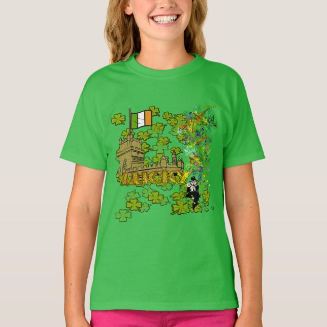Camiseta Lucky Leprechaun y su castillo irlandés (Anverso)