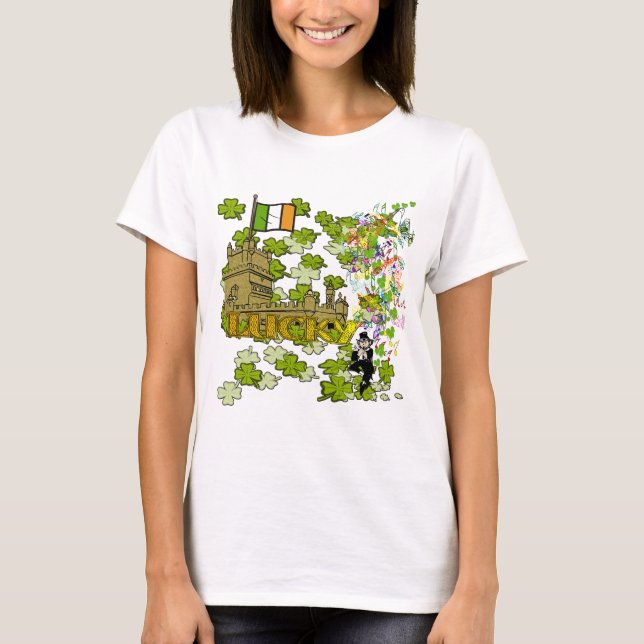 Camiseta Lucky Leprechaun y su castillo irlandés (Anverso)