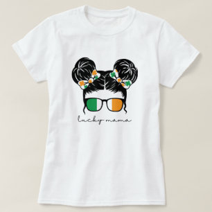 Camiseta Lucky Mama Moño Despeinado Con Trébol Día De San P