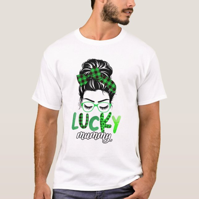 Camiseta Lucky Mummy Leopardo plaid Messy Bun Irish St Patr (Anverso)