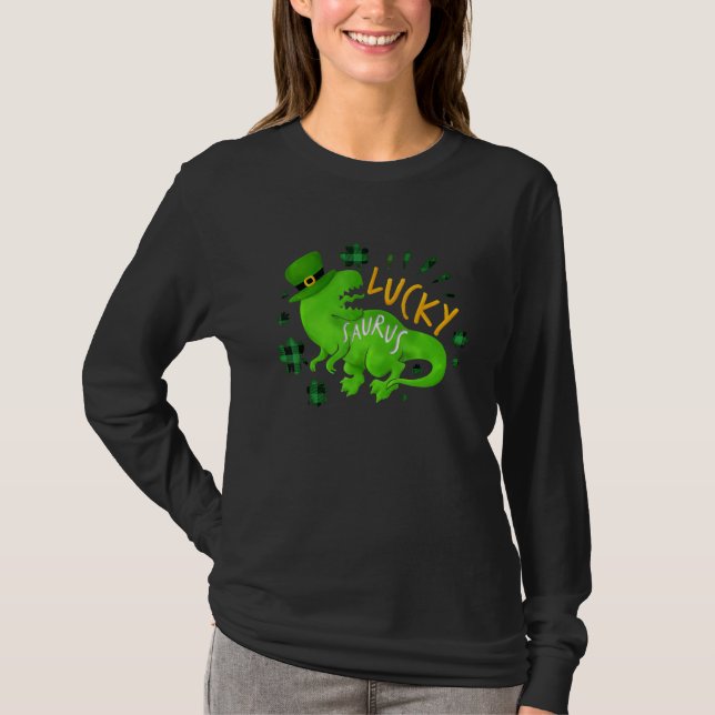 Camiseta Lucky Saurus Shamrock Buffalo Plaid Dinosaur St Pa (Anverso)