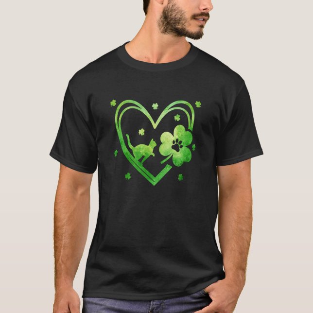 Camiseta Lucky Shamrock Heart Cat Paw Print For St Paddy's  (Anverso)