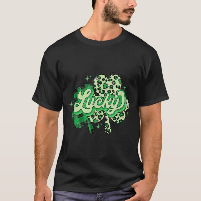 Camiseta Lucky Shamrock Leopard,checkered Patricks Day Funn (Anverso)