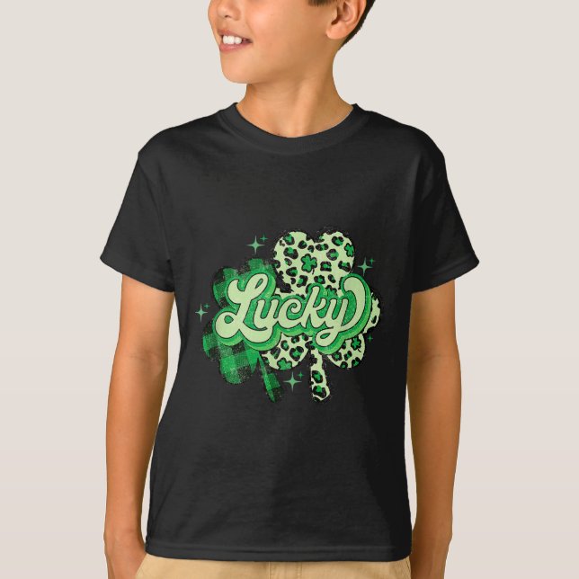 Camiseta Lucky Shamrock Leopard,checkered Patricks Day Funn (Anverso)
