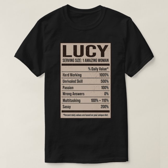 Camiseta Lucy Nutrition Facts Name Nickname Alias Title Fri (Diseño del anverso)