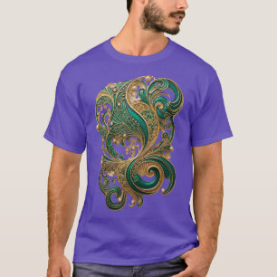 Camiseta Lujoso Patrón de Remolino de Filigrana de Oro Verd