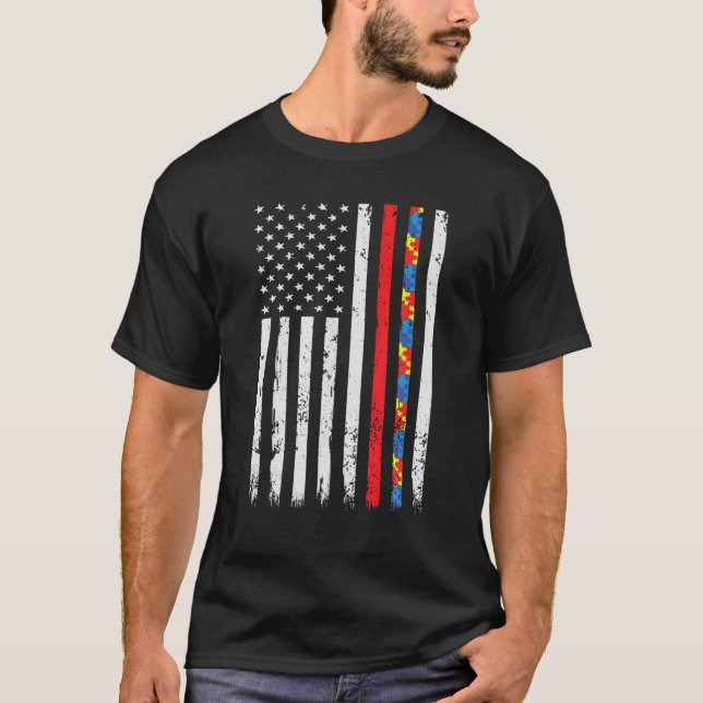 Camiseta Luminoso bombero de la línea roja apoya el autismo (Anverso)