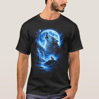 Camiseta Luna Azul Aullando Lobo Bosque Cascada Cielo Noctu